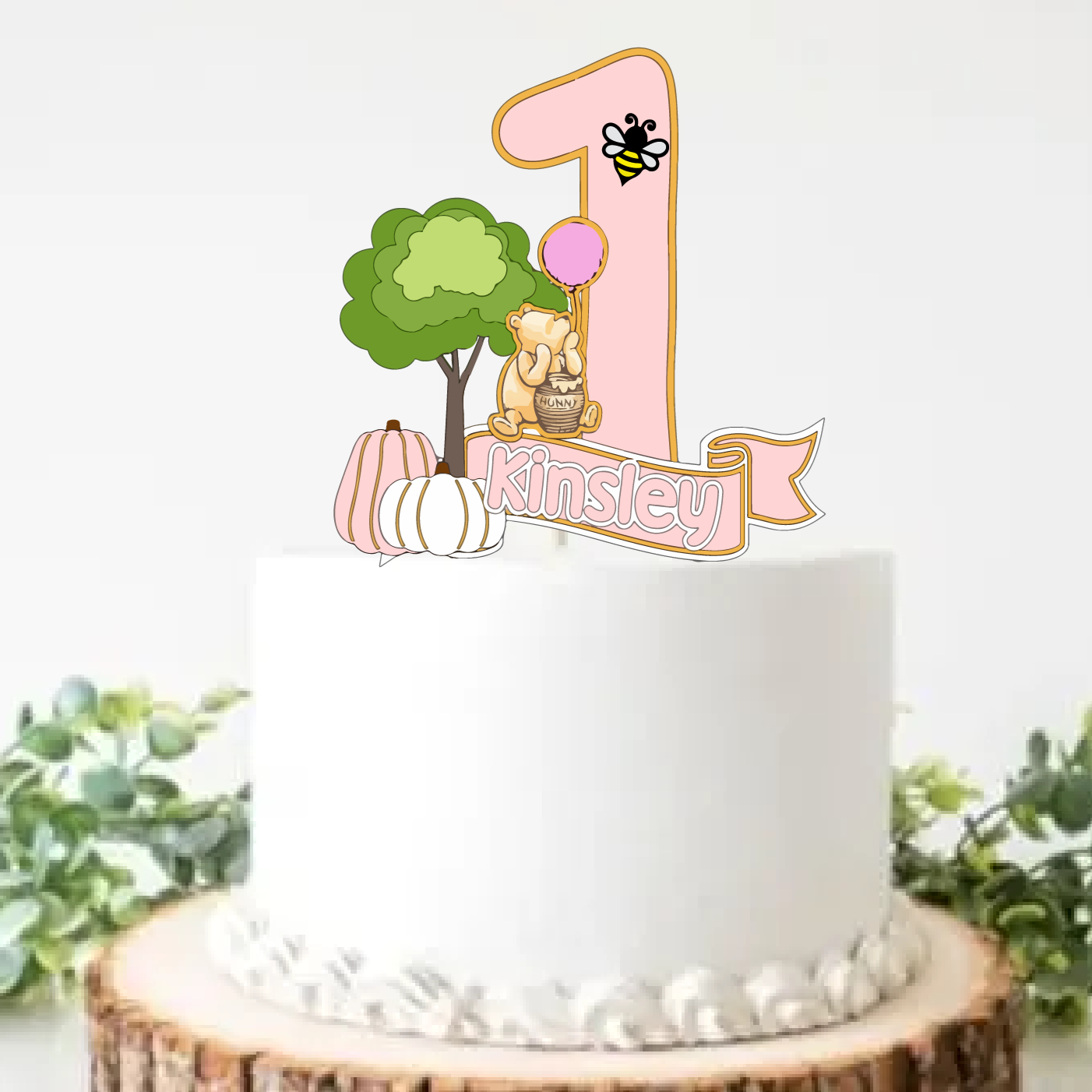 Winnie the Pooh First Birthday Cake Topper Pink Polka Dot One Party Cake,  Cake Smash Photo Prop, Girly Birthday Party Sign Decoration 