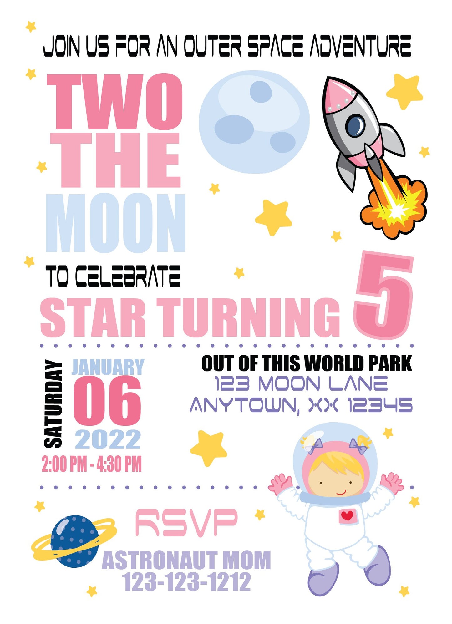 space girl birthday personalized invitation
