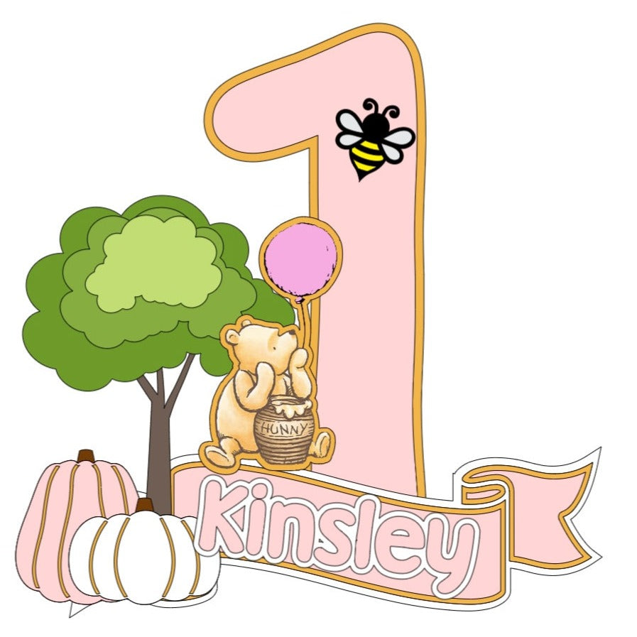 Pink and gold fall pooh cake topper personalized