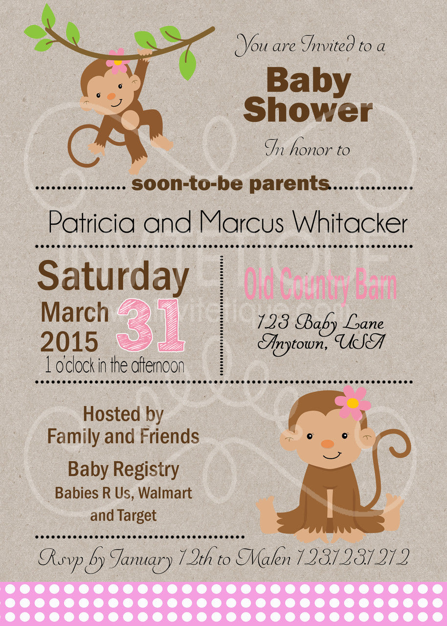 Jungle Monkey Girl Baby Shower Invitation - Invitetique