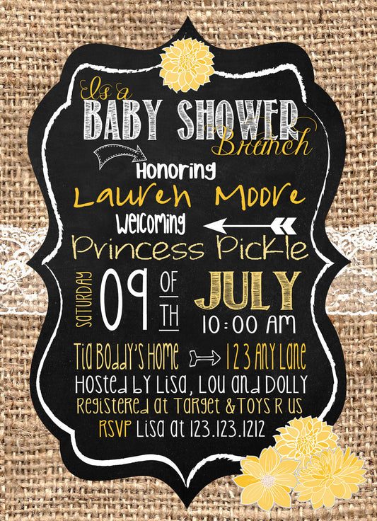 Brunch Baby Shower Burlap Yellow Invitations - Invitetique