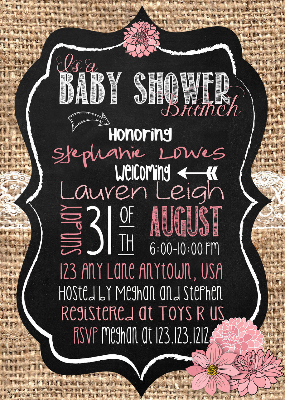 Brunch Baby Shower Burlap Pink Invitations - Invitetique