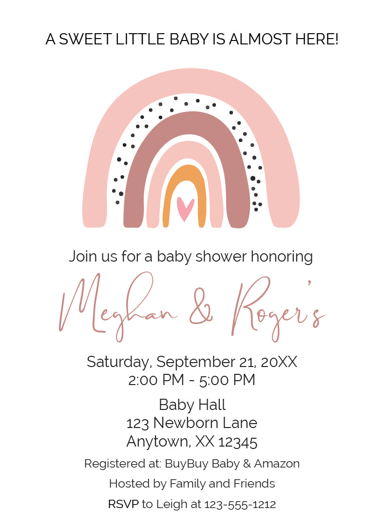 bohemian pink rainbow baby shower invitation