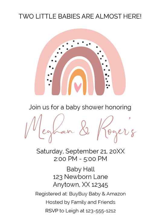 boho rainbow twin baby shower invitation