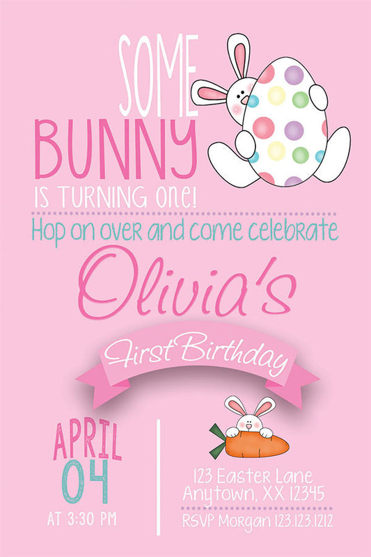 Egg Hunt Bunny Birthday Invitation (Pink) - Invitetique
