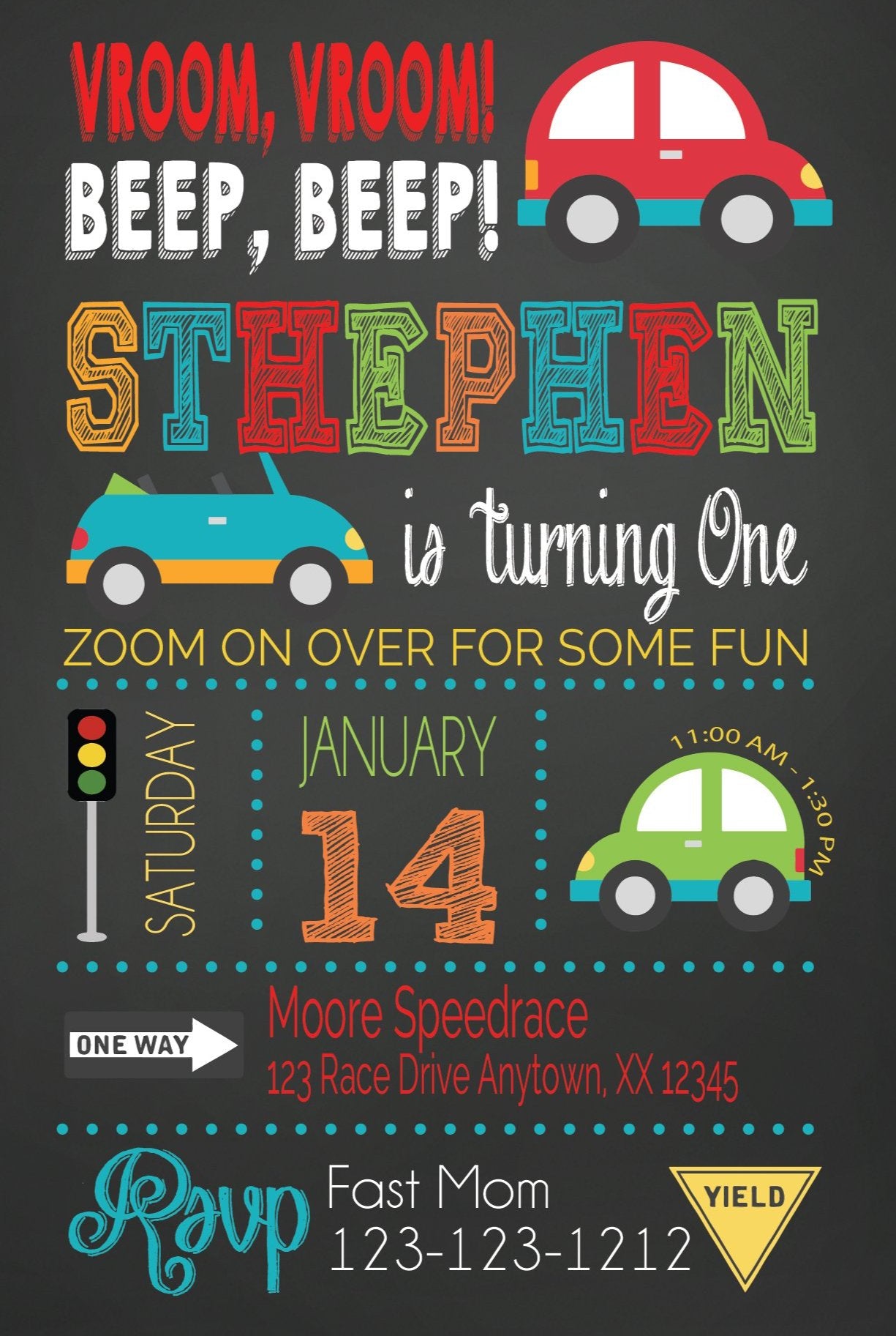Cute cars transportation birthday boy party personalized invitations
