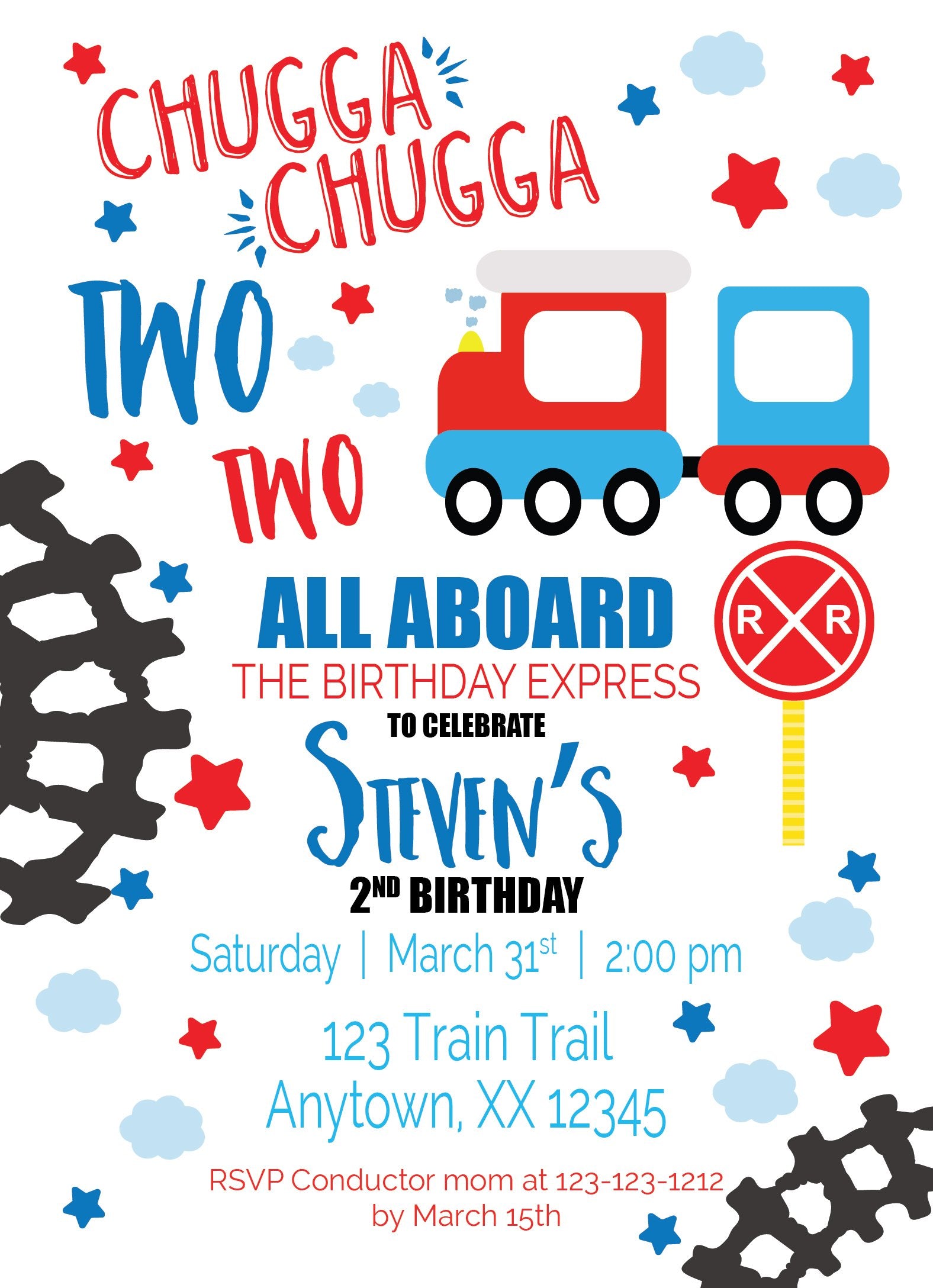 Chugga Chugga personalized birthday invitations, train invitation