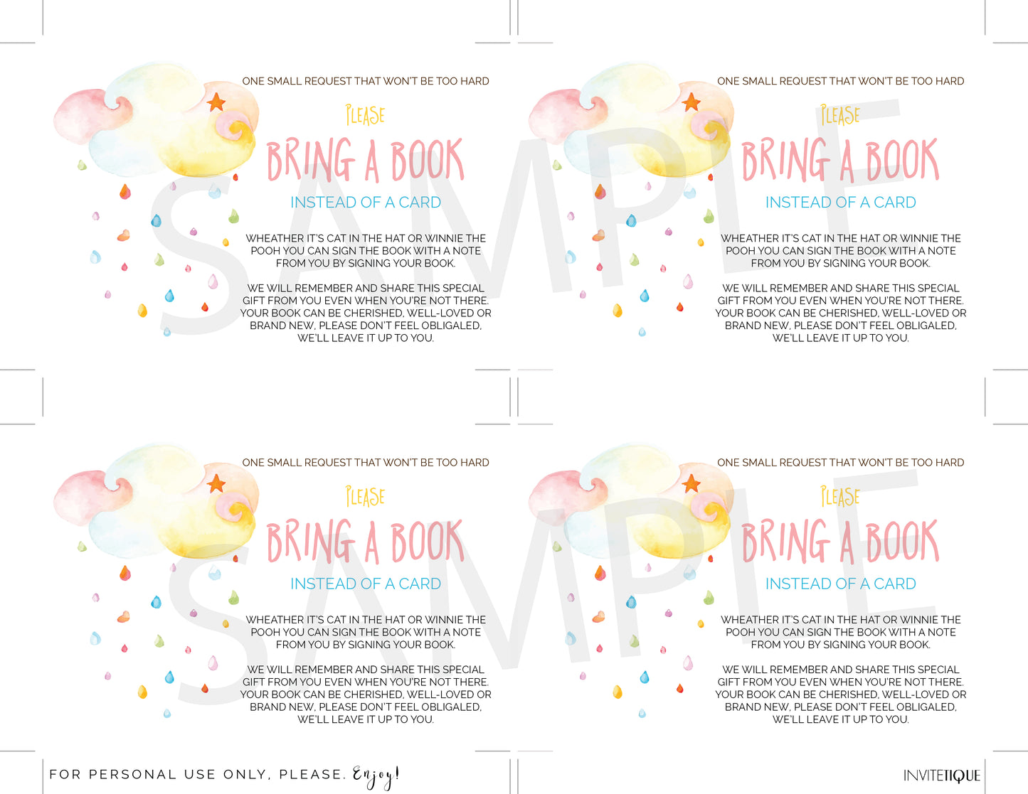 Colorful clouds raindrops Book request cards - Invitetique