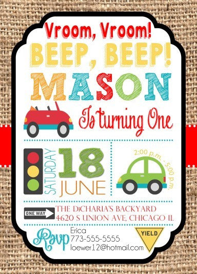 Cute Cars Transportation Boy Birthday Invitations - Invitetique