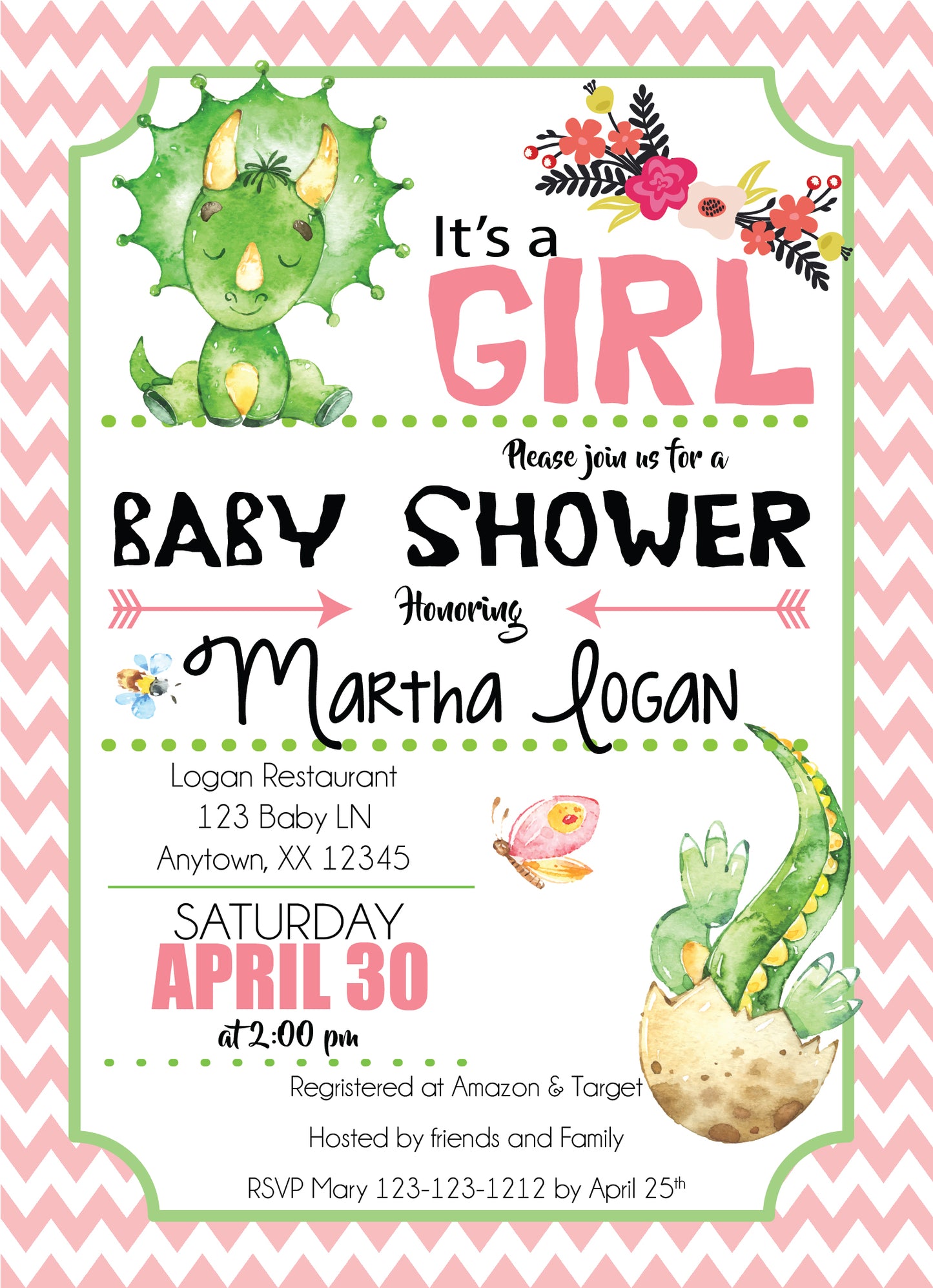 Baby Girl Dinosaurs Baby Shower Invitation - Invitetique