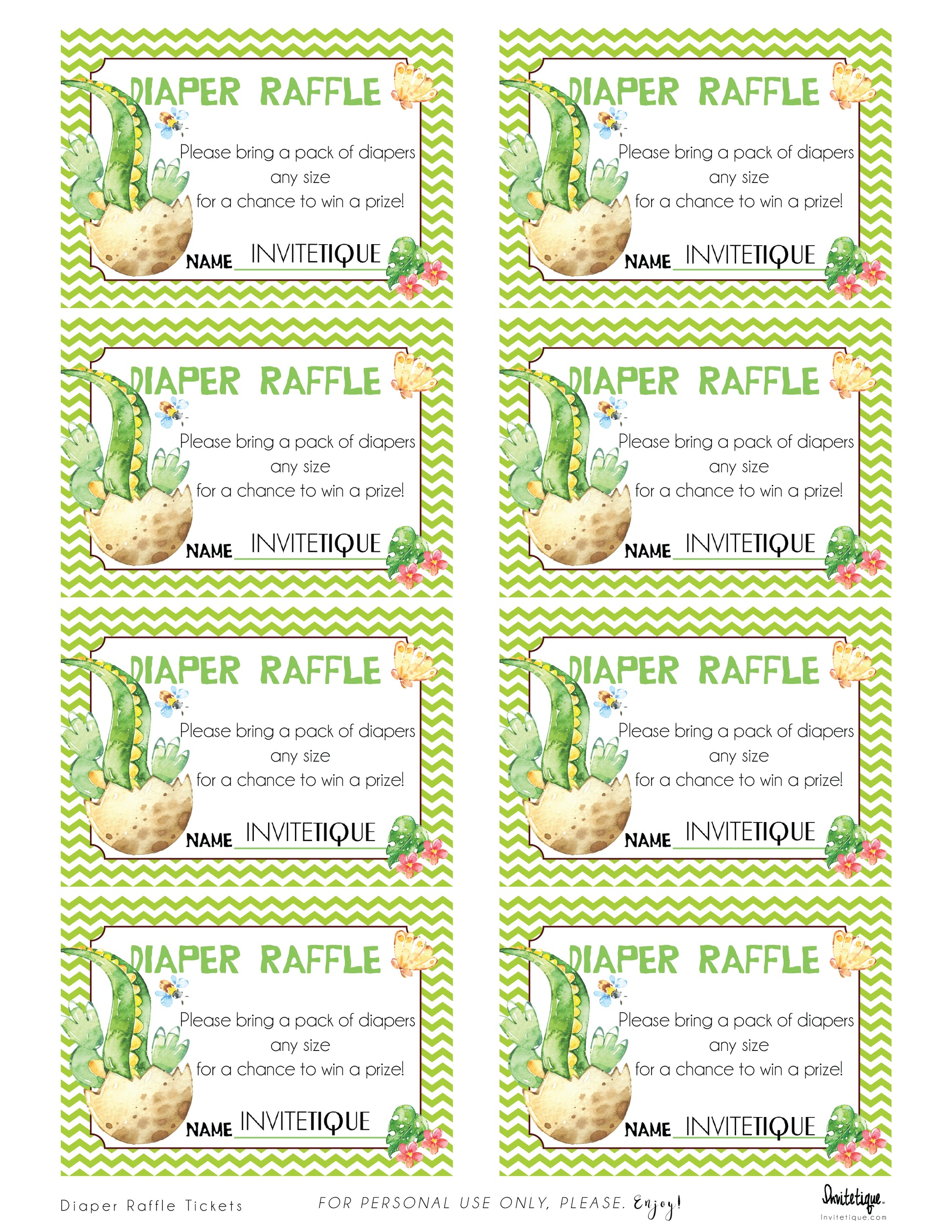 Dinosaur Diaper Raffle Tickets Green - Invitetique