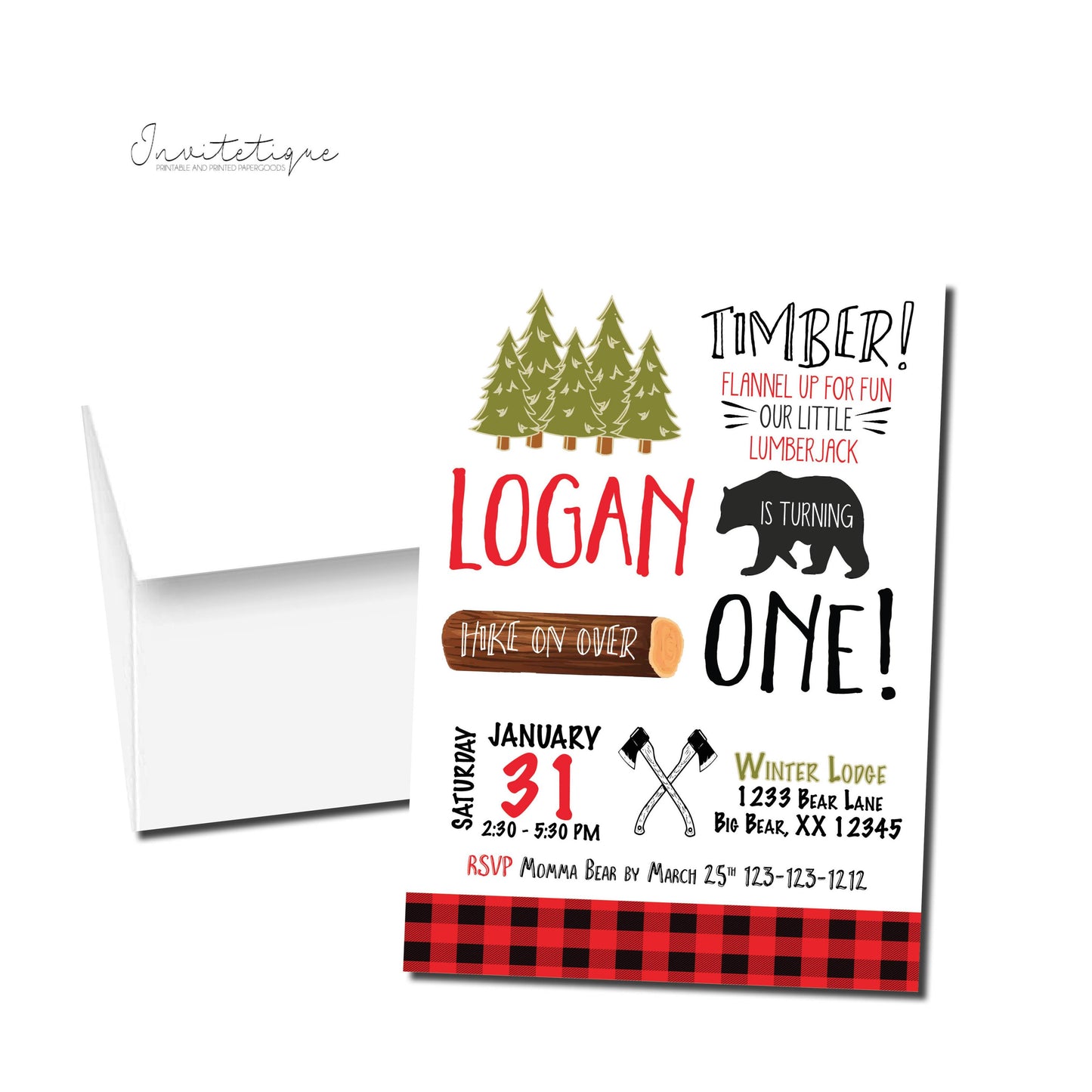 lumberjack personalized birthday invitation with envelope, wild one birthday