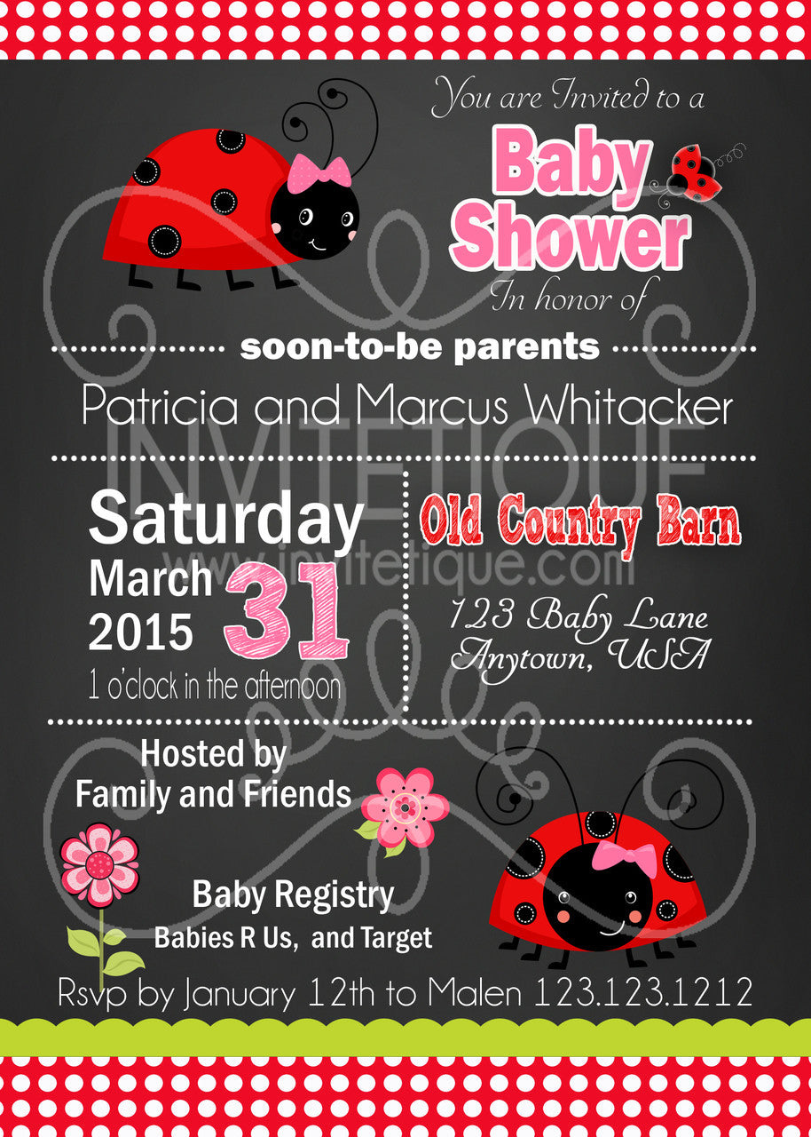 Ladybugs Chalk Baby Shower Invitations - Invitetique