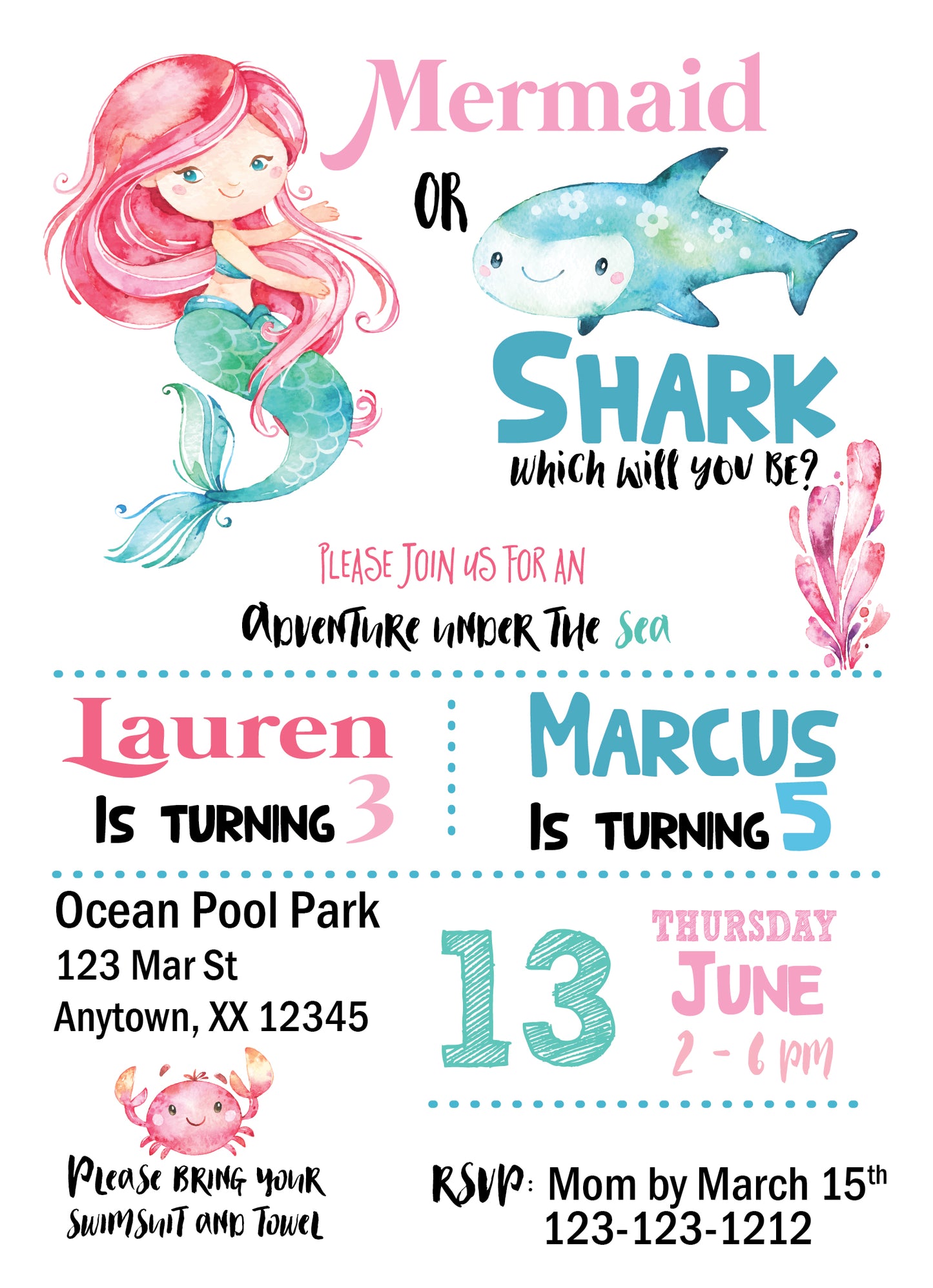 Mermaid & Shark Digital Birthday Invitations - Invitetique