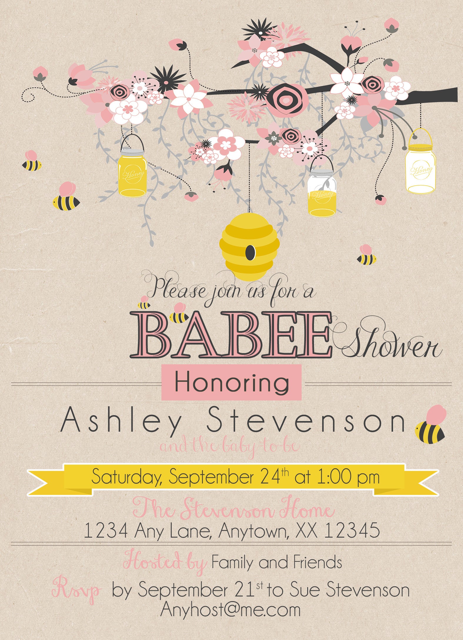 Bumble Bee Mom to Be Pink Flowers baby Shower Invitations - Invitetique