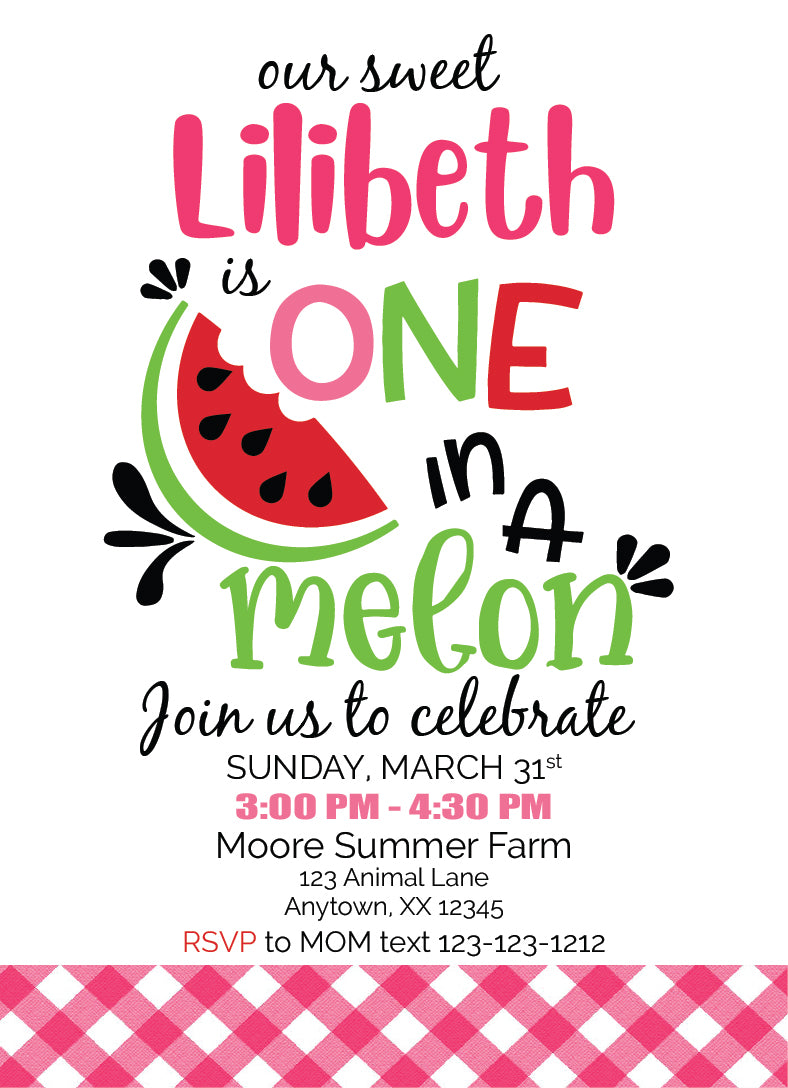 WATERMELON one in a melon first birthday girl invitation, first birthday, girl first birthday