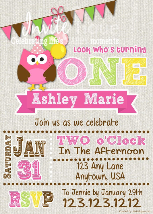 Pink Owl Birthday Invitations - Invitetique
