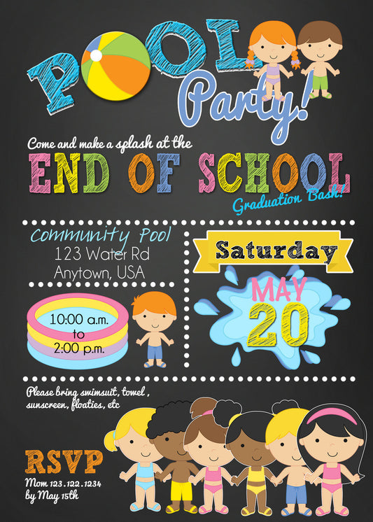 End of the School year Boy and Girls Pool Party Bash - Invitetique