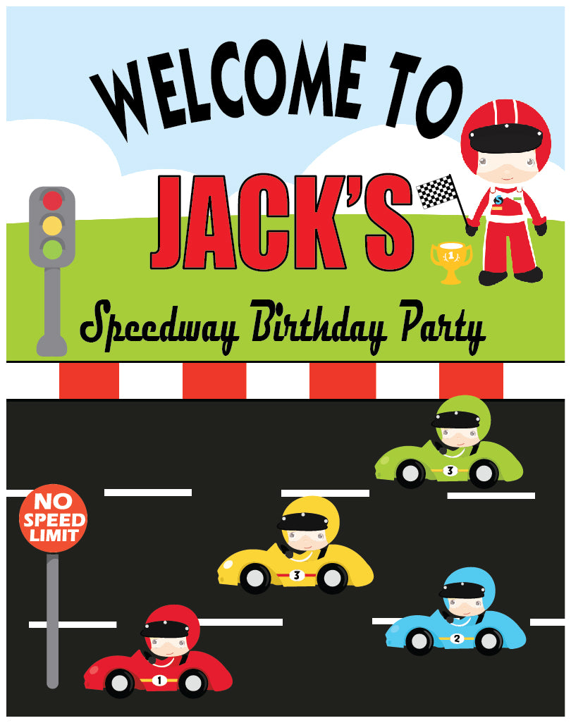 race red car birthday party welcome sign