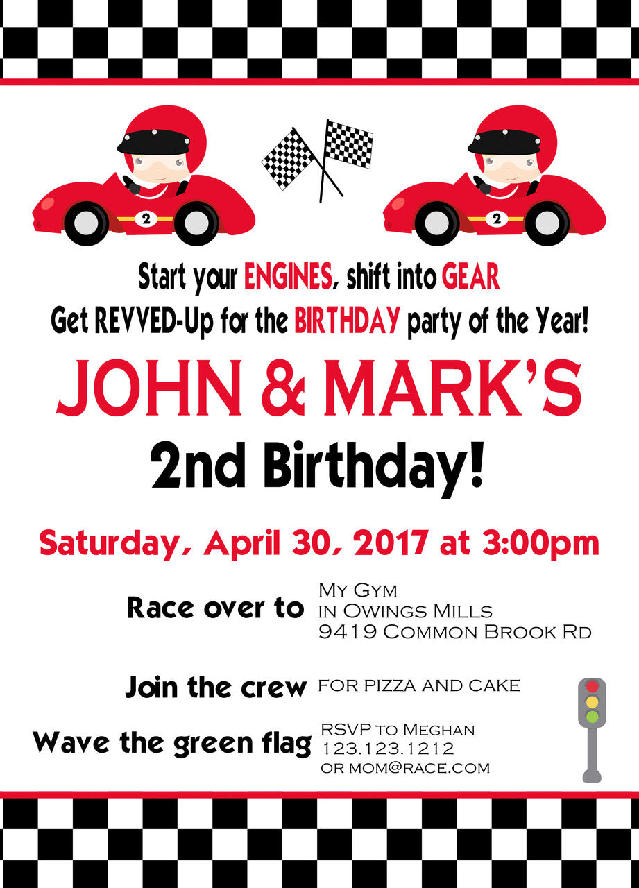 Twin Race Car Birthday Invites - Invitetique