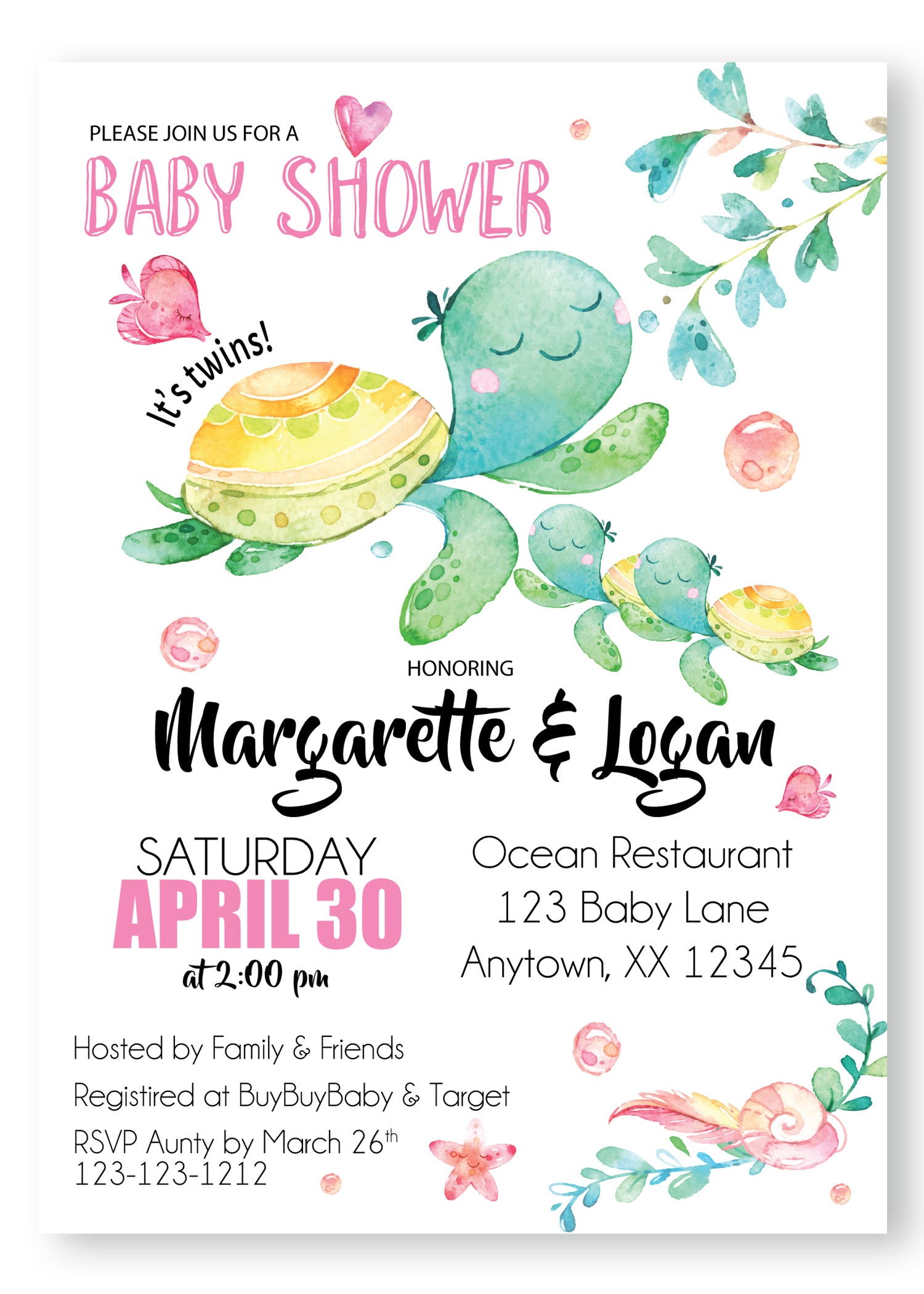 Sea Turtle twin Baby Shower Invitations - DIGITAL - Invitetique