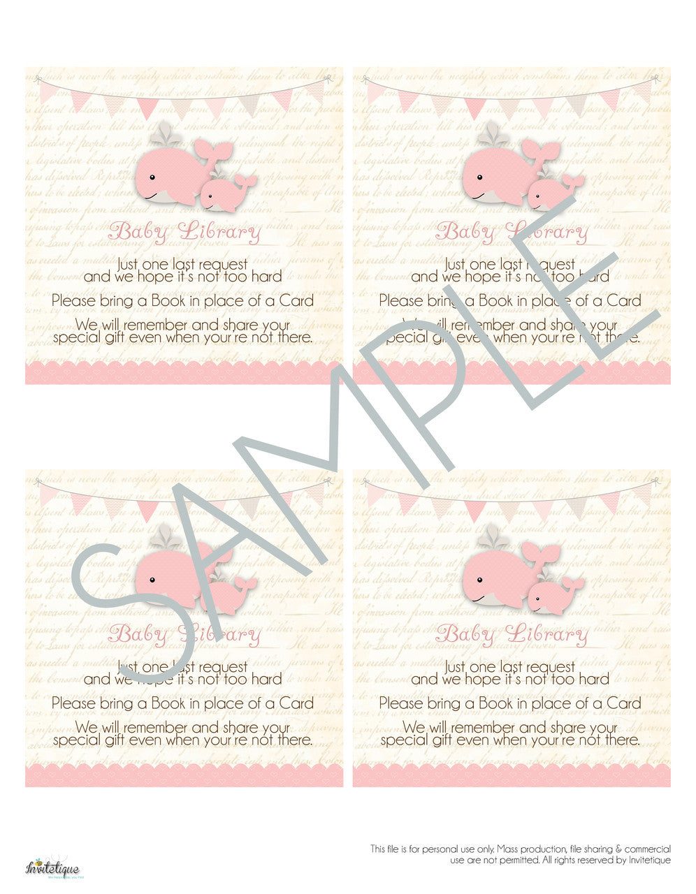 Whale and Little Squirt PInk Baby Shower Book Request Card - Invitetique
