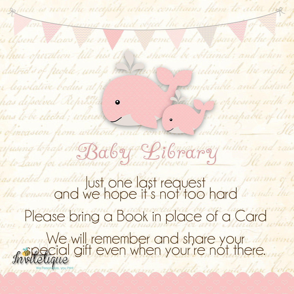 Whale and Little Squirt PInk Baby Shower Book Request Card - Invitetique