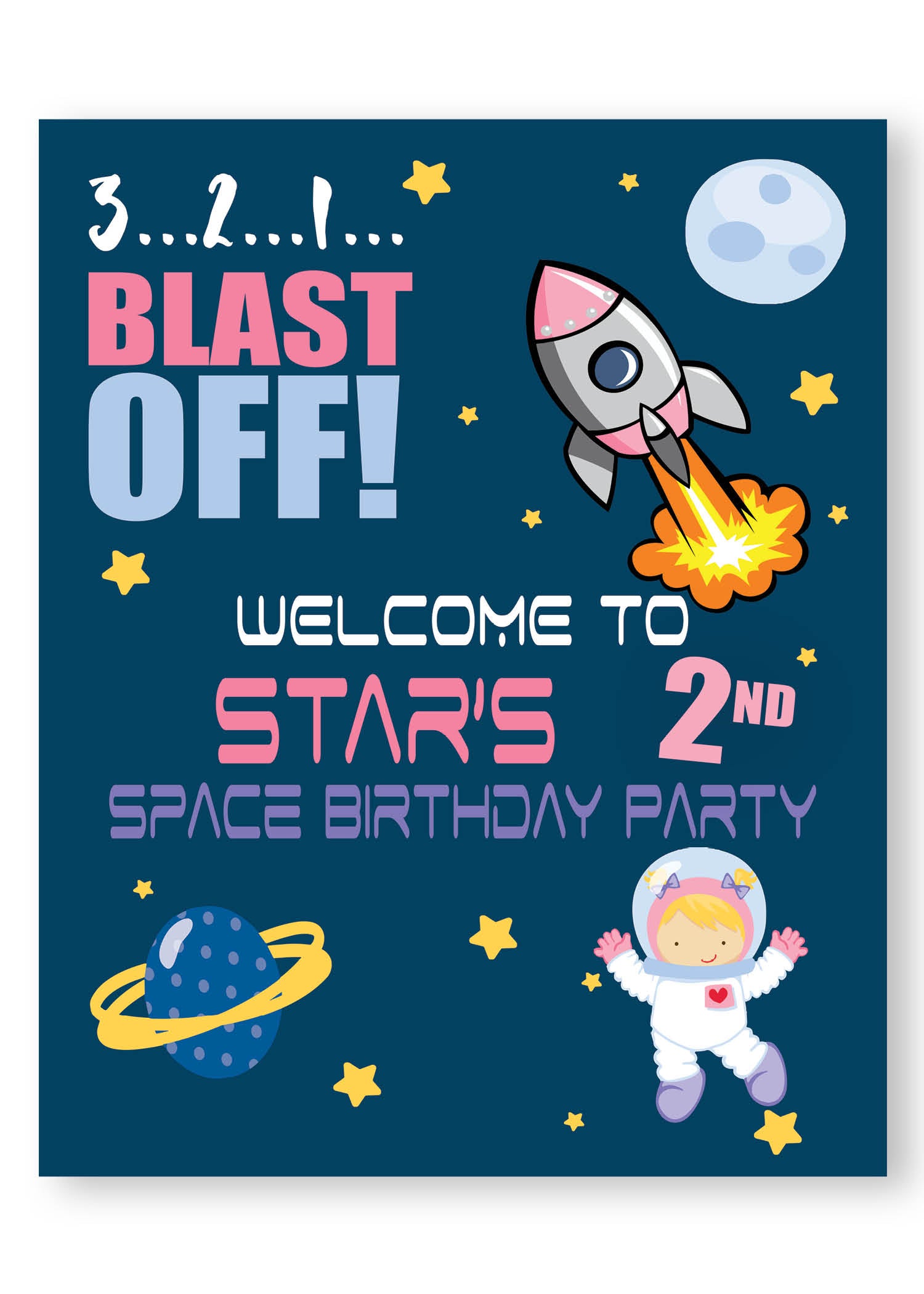 blast off girl space birthday welcome sign, signage