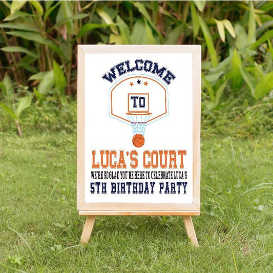 basketball hoop birthday party signage, welcome signage