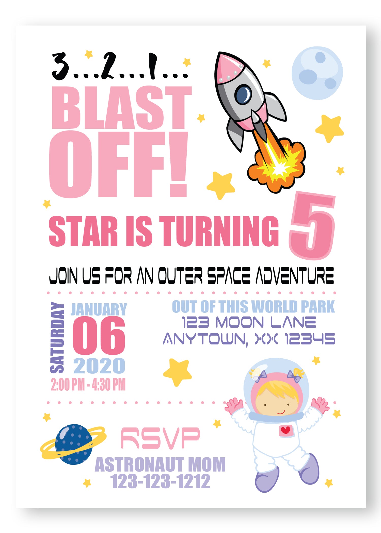 blast off girly birthday personalized invitations, invitation, invite, birthday