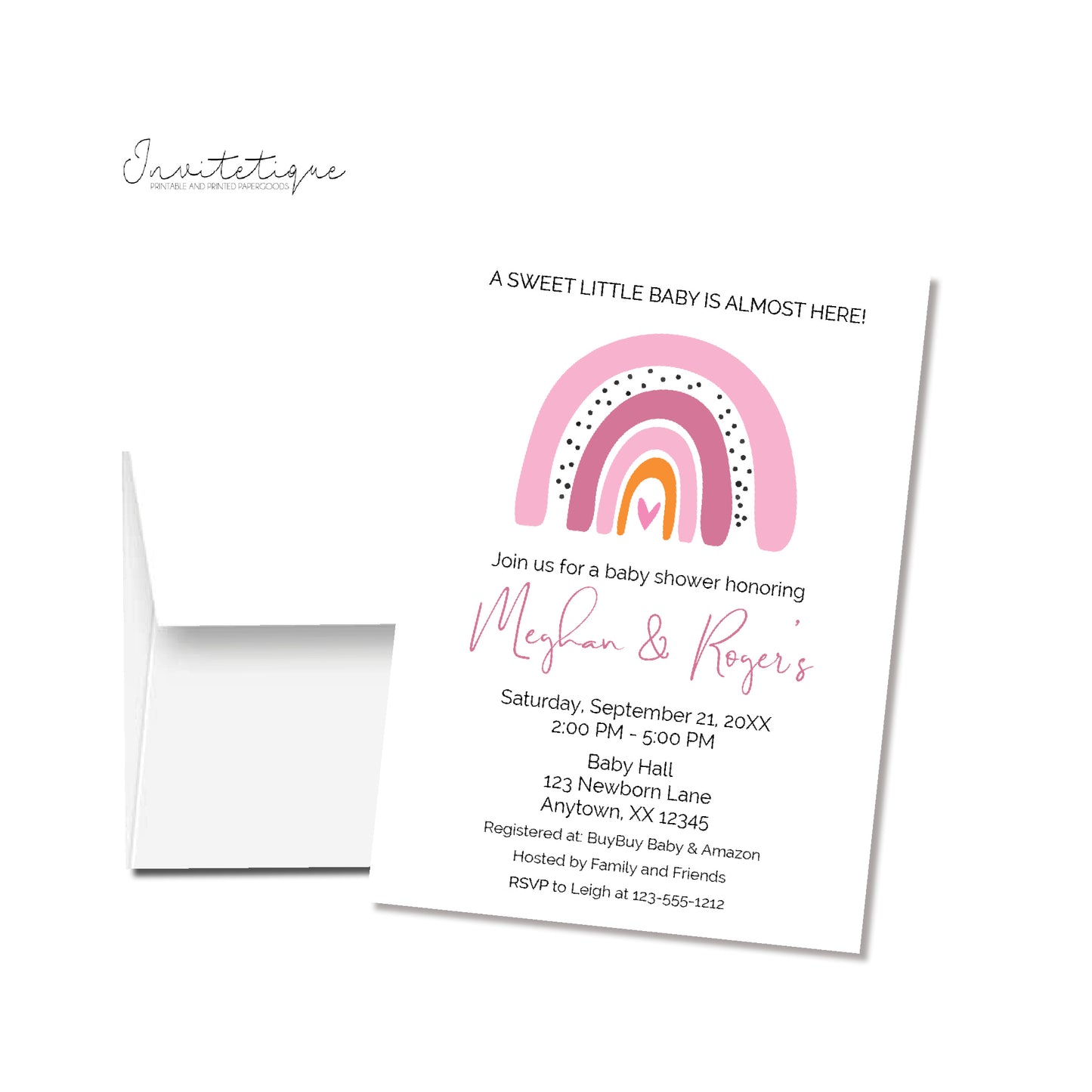 boho pink rainbow baby shower printed invitation