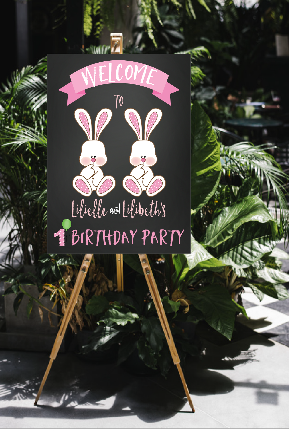Some bunnies twin girl birthday welcome sign