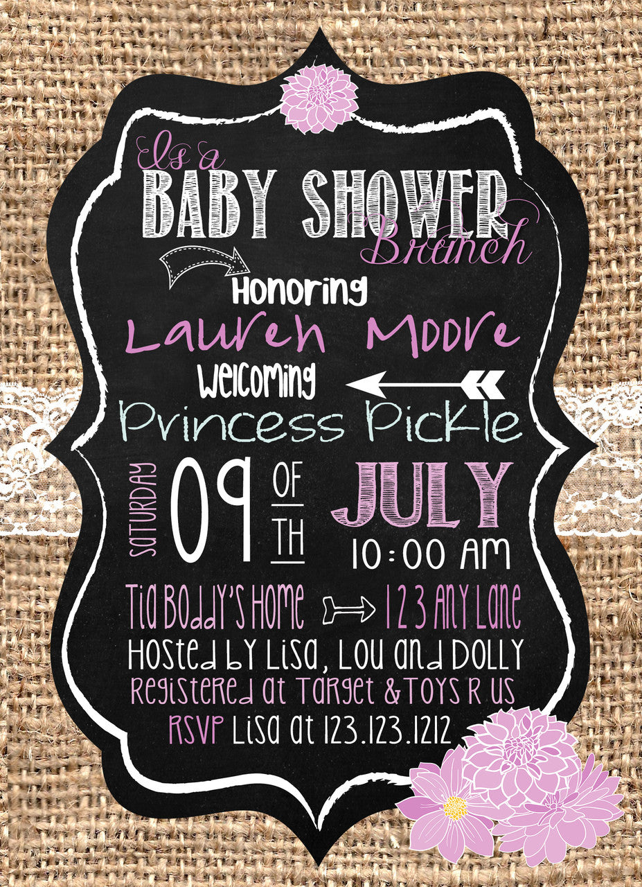 Brunch Baby Shower Burlap Lilac Invitations - Invitetique