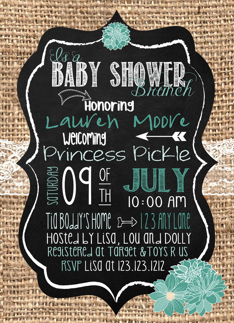 Brunch Baby Shower Burlap Teal Invitations - Invitetique