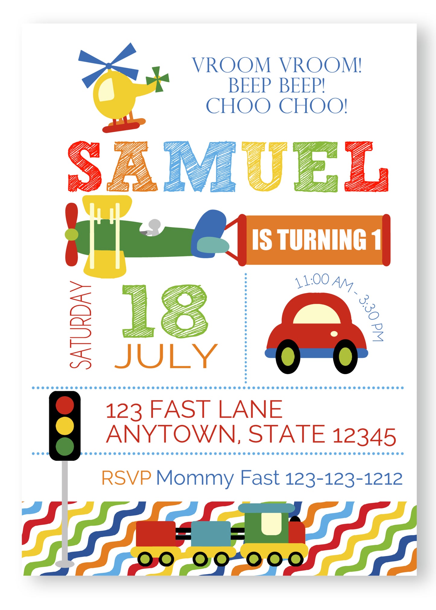 Transportation cars, truck, helicopter Birthday Invitations - Invitetique