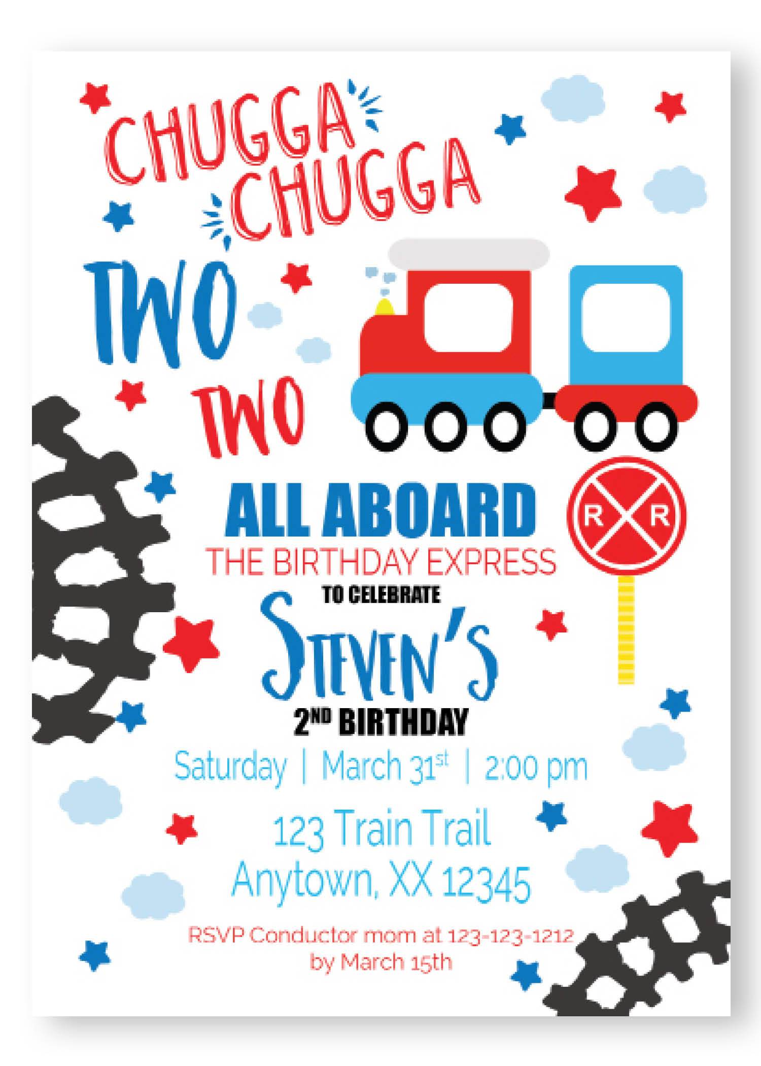 Chugga two two birthday invitations, chugga chugga birthday, personalized