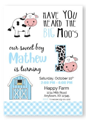 cow farm birthday invitation blue