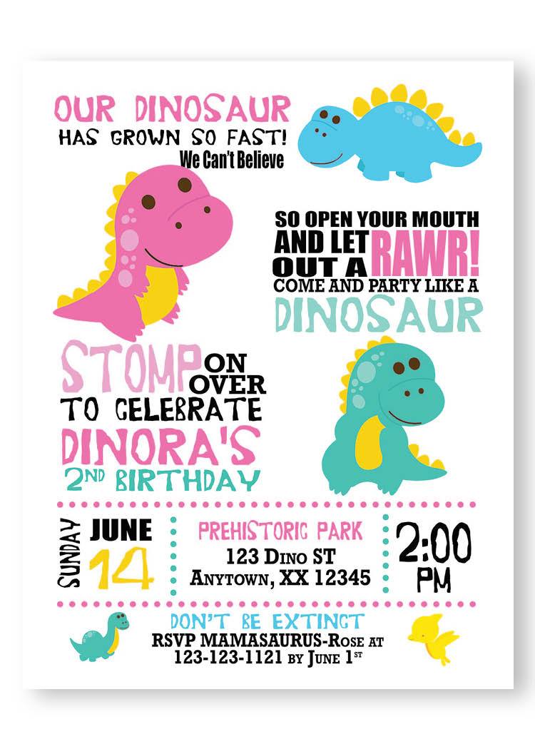 Cute Dinosaur girl Birthday invitation - Digital 