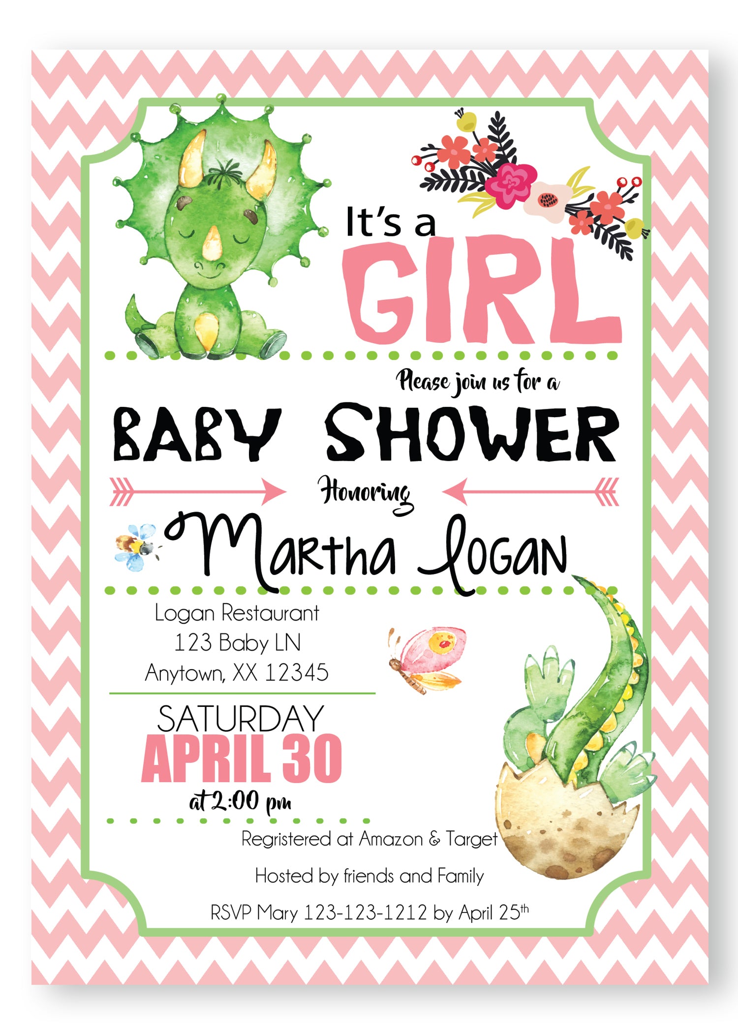 Baby Girl Dinosaurs Baby Shower Invitation - Invitetique