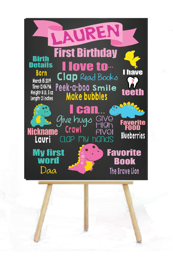 Dinosaur girl 1st birthday sign