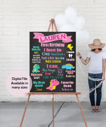Girl dinosaur first birthday milestone board