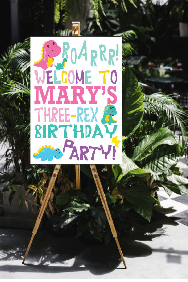 three rex birthday welcome sign