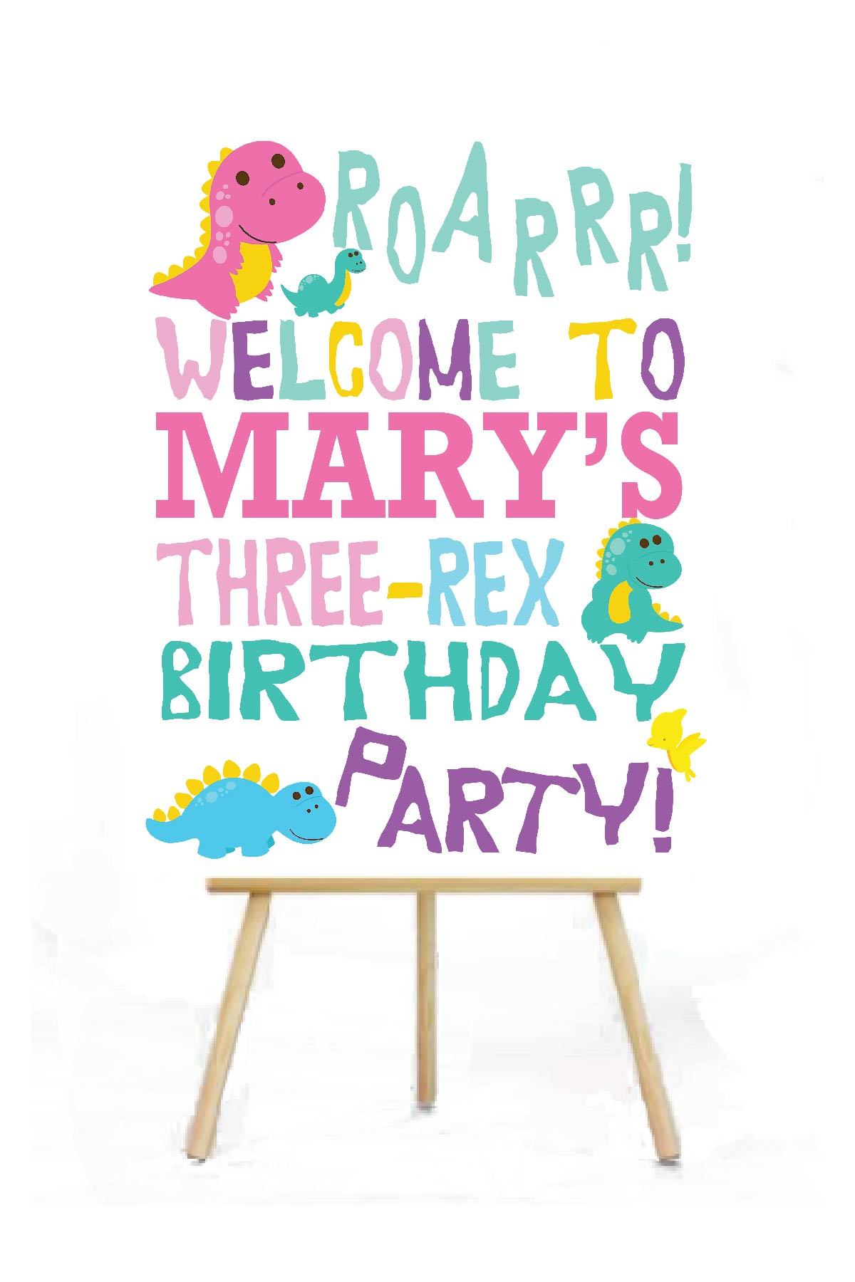 dinosaur pink three rex birthday welcome sign