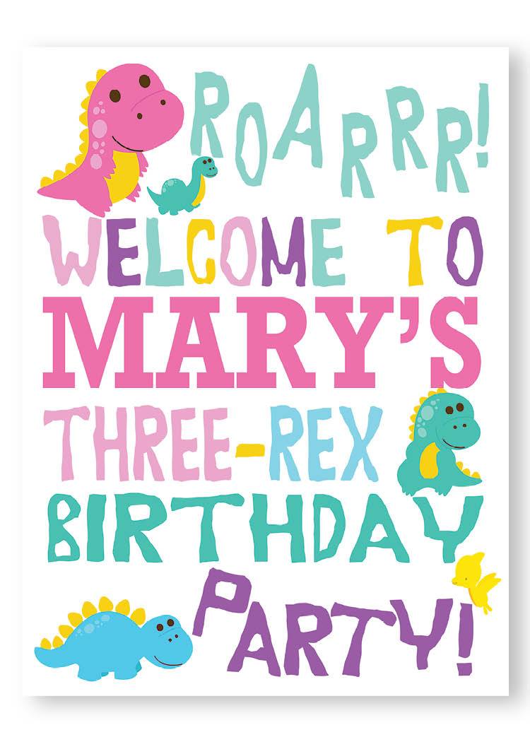 Pink dinosaur birthday welcome party sign