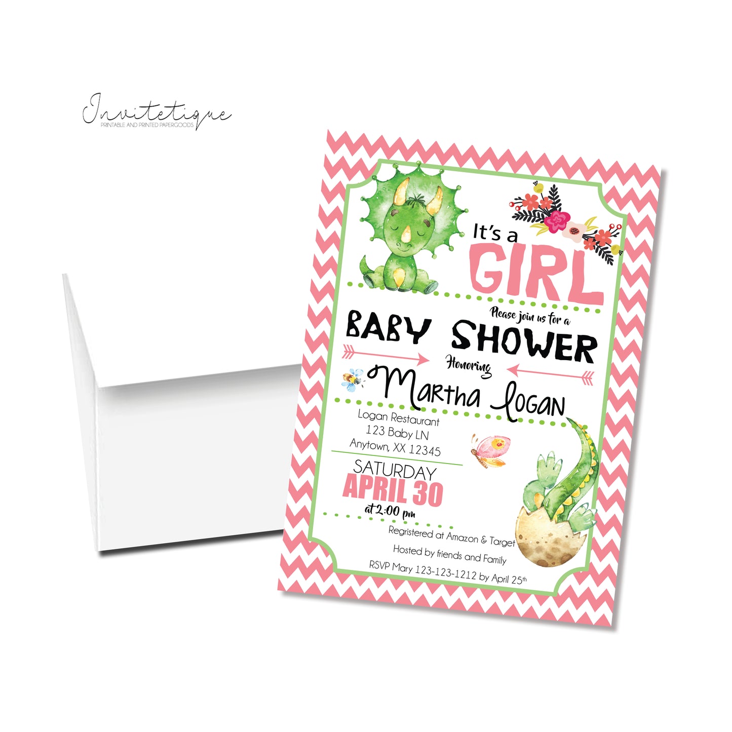 Baby Girl Dinosaurs Baby Shower Invitation - Invitetique