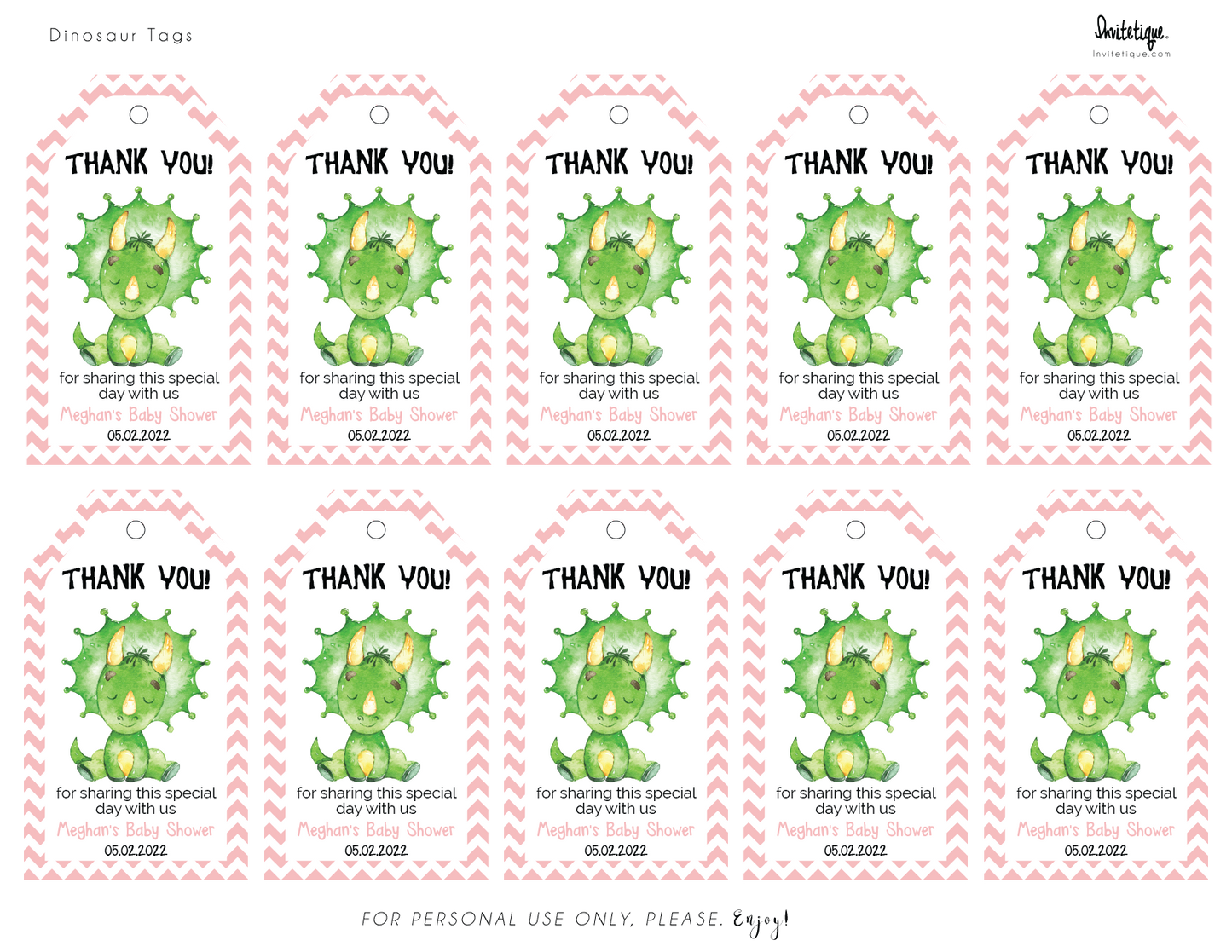 PInk dinosaur personalized favor tags, gift tags, dinosaur baby shower, dinosaur shower