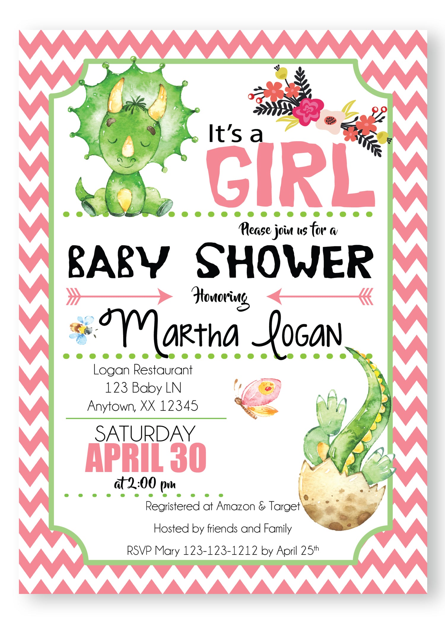 Baby Girl Dinosaurs Baby Shower Invitation - Invitetique