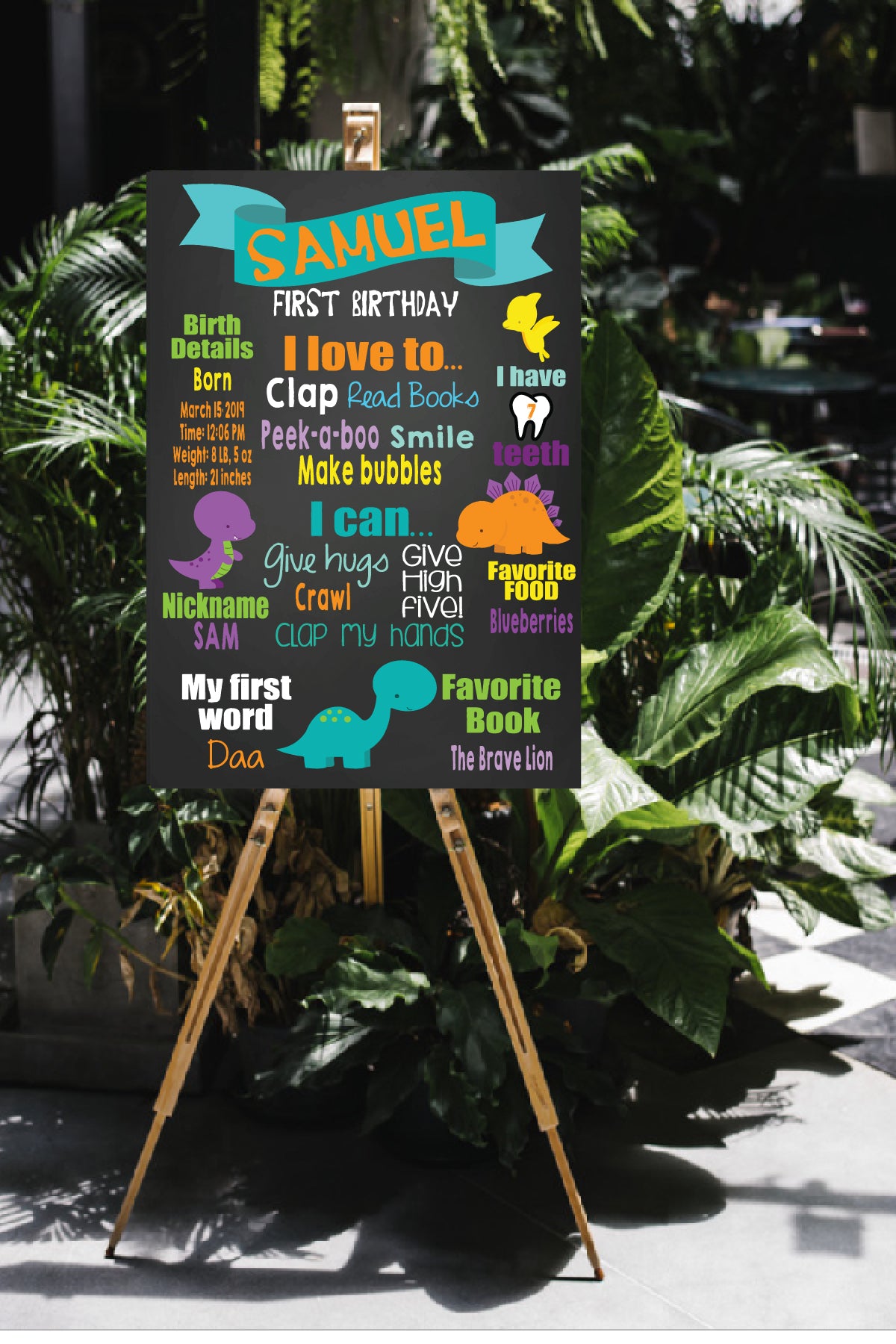 Boy dinosaur first birthday party board