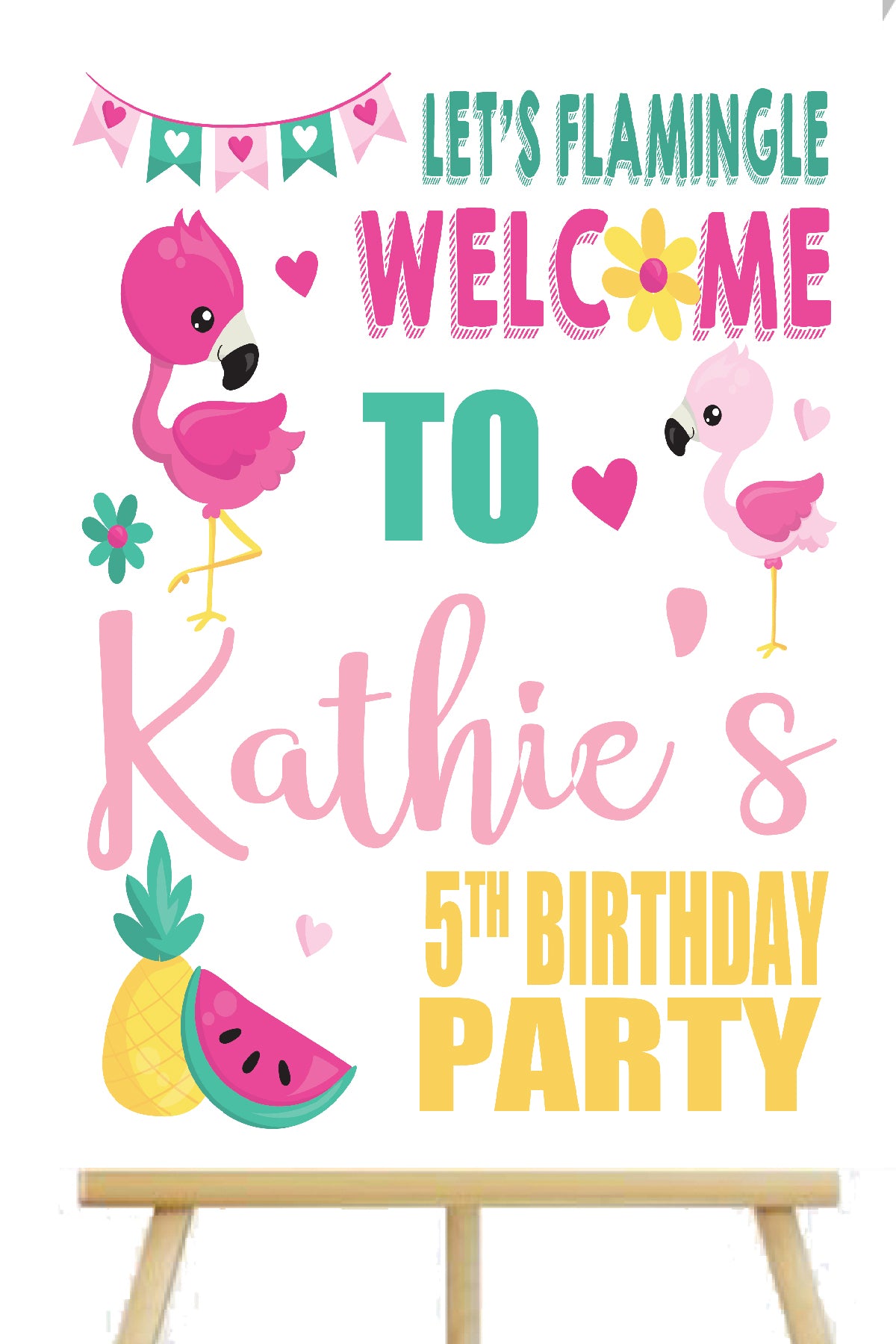 personalized pink flamingo party welcome sign