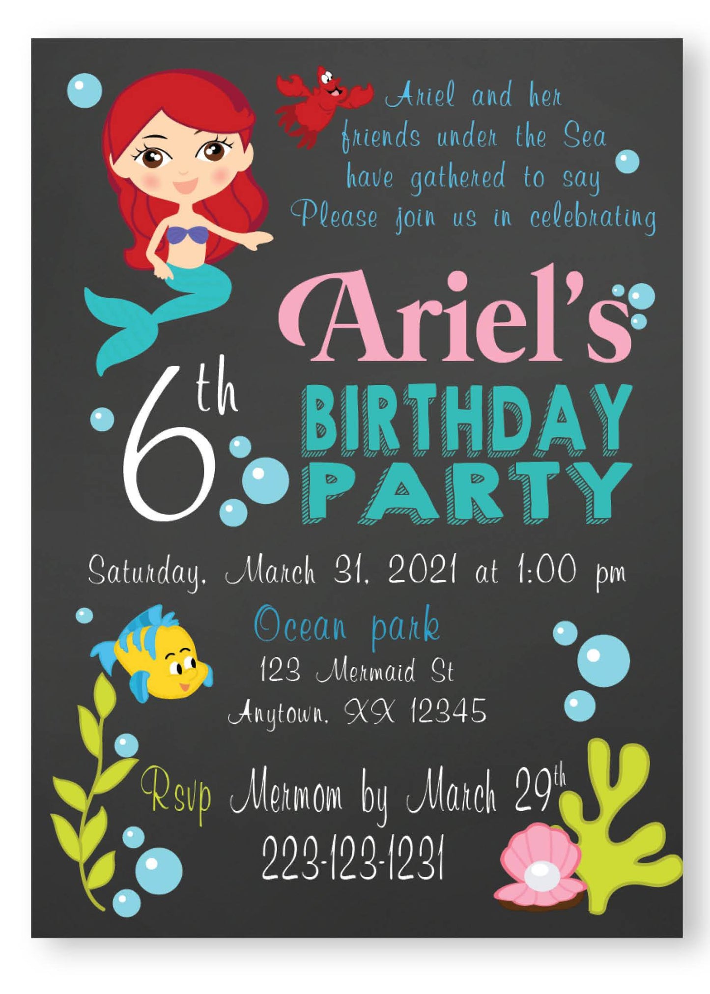Little Meramid chalk birthday personalized invitation, little mermaid invitation, personalized invitation